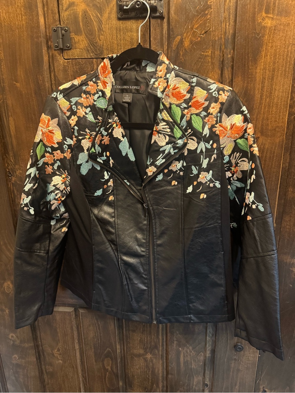 Colleen Lopez Black Faux Leather Jacket with Multicolor Floral Embroidery